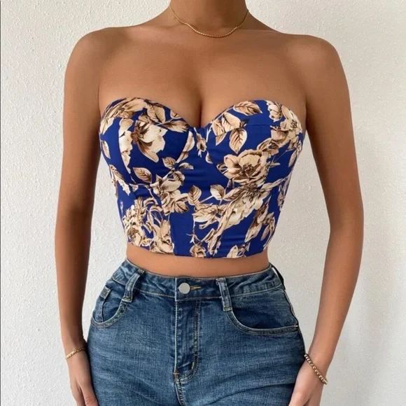 Boho blue floral print lace up back satin bustier corset tube top - Picture 13 of 16